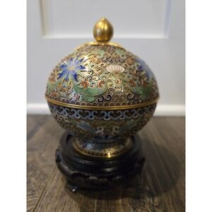 Vintage Cloisonne Enameled Brass Urn Jar Vase With Lid Blue Floral